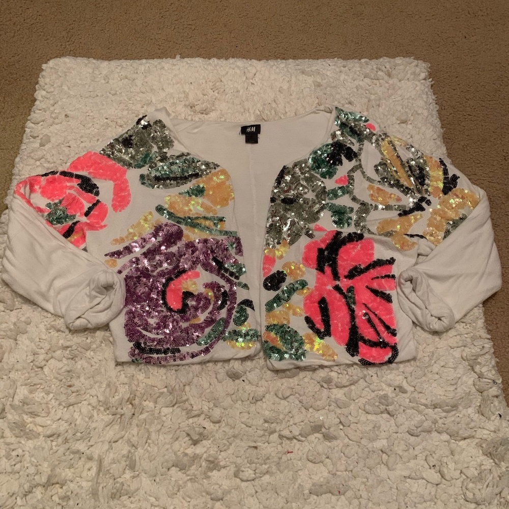Women’s H&M white neon sequin crop cropped open cardigan crop rolled sleeves S